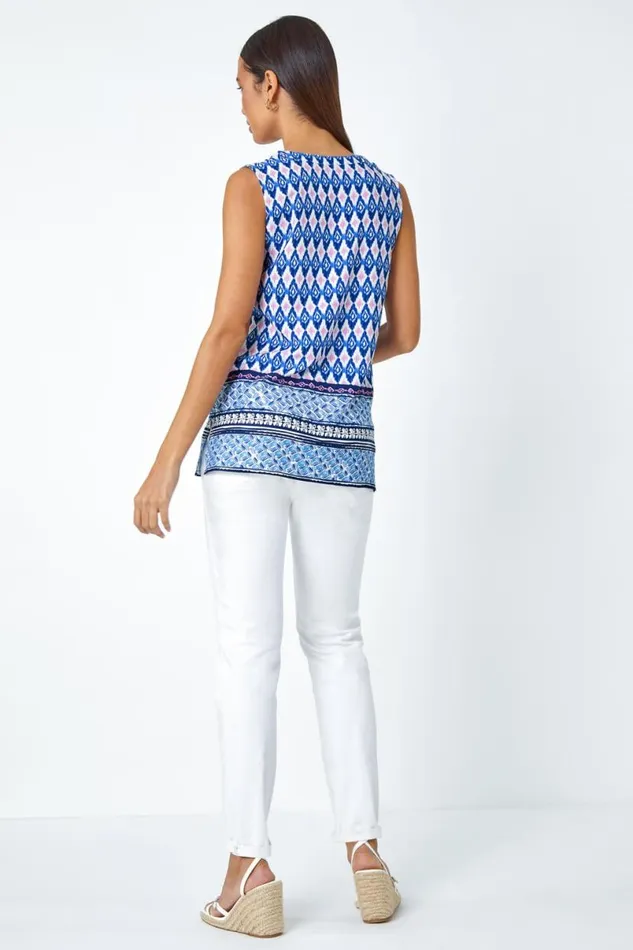 Blue Longline Border Print VNeck Blouse Women Roman Tops
