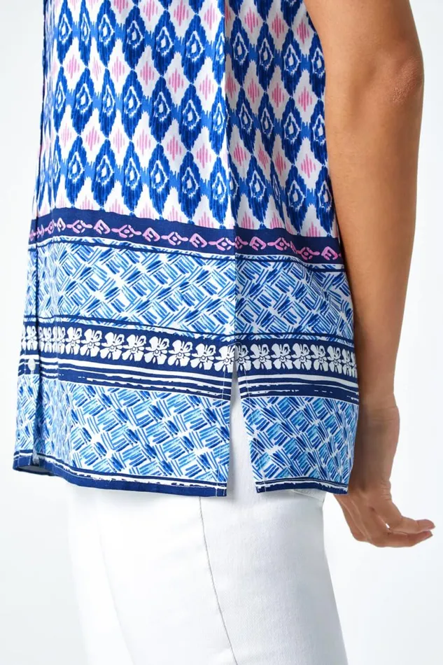 Blue Longline Border Print VNeck Blouse Women Roman Tops