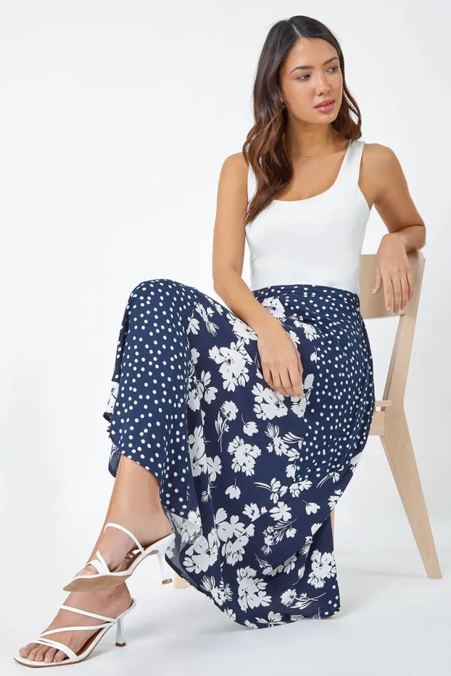 Blue Mixed Floral Spot Print A Line Midi Skirt Women Roman Skirts