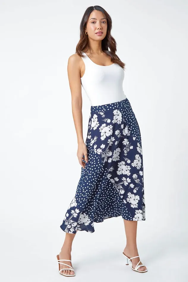 Blue Mixed Floral Spot Print A Line Midi Skirt Women Roman Skirts