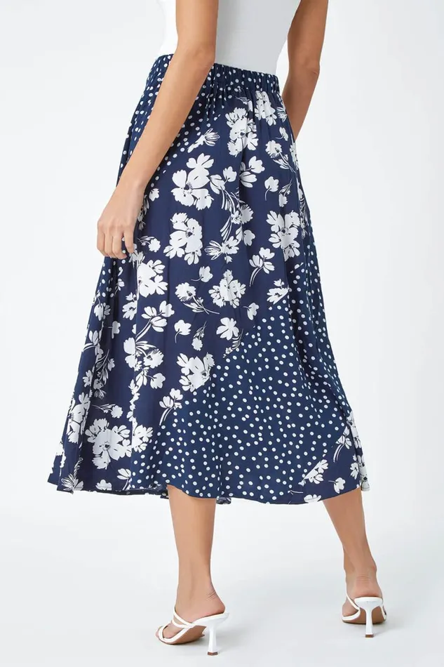 Blue Mixed Floral Spot Print A Line Midi Skirt Women Roman Skirts