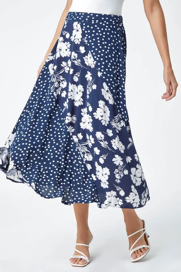 Blue Mixed Floral Spot Print A Line Midi Skirt Women Roman Skirts
