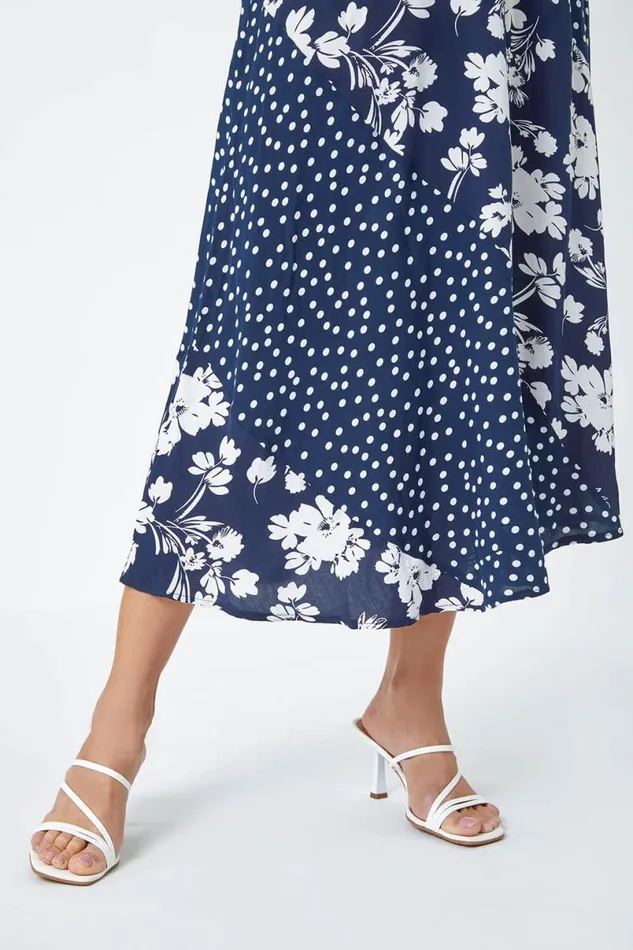 Blue Mixed Floral Spot Print A Line Midi Skirt Women Roman Skirts
