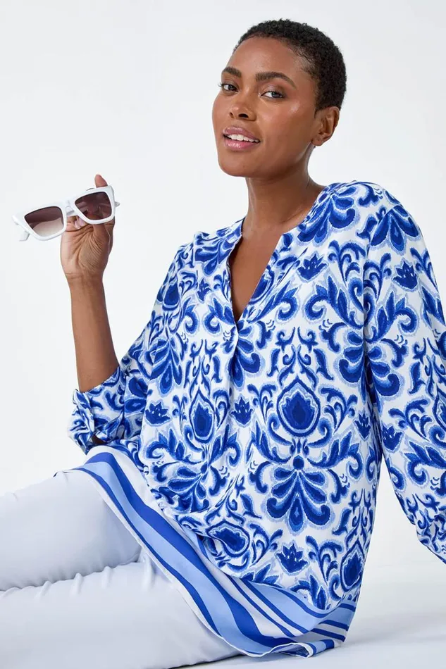 Blue Ornate Border Print Pleated VNeck Top Women Roman Tops