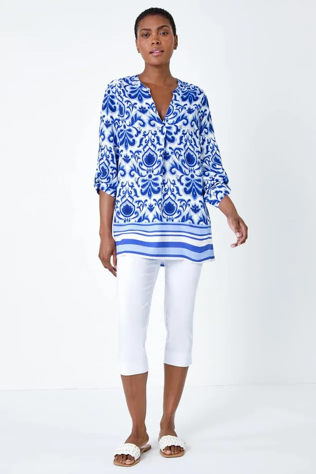 Blue Ornate Border Print Pleated VNeck Top Women Roman Tops