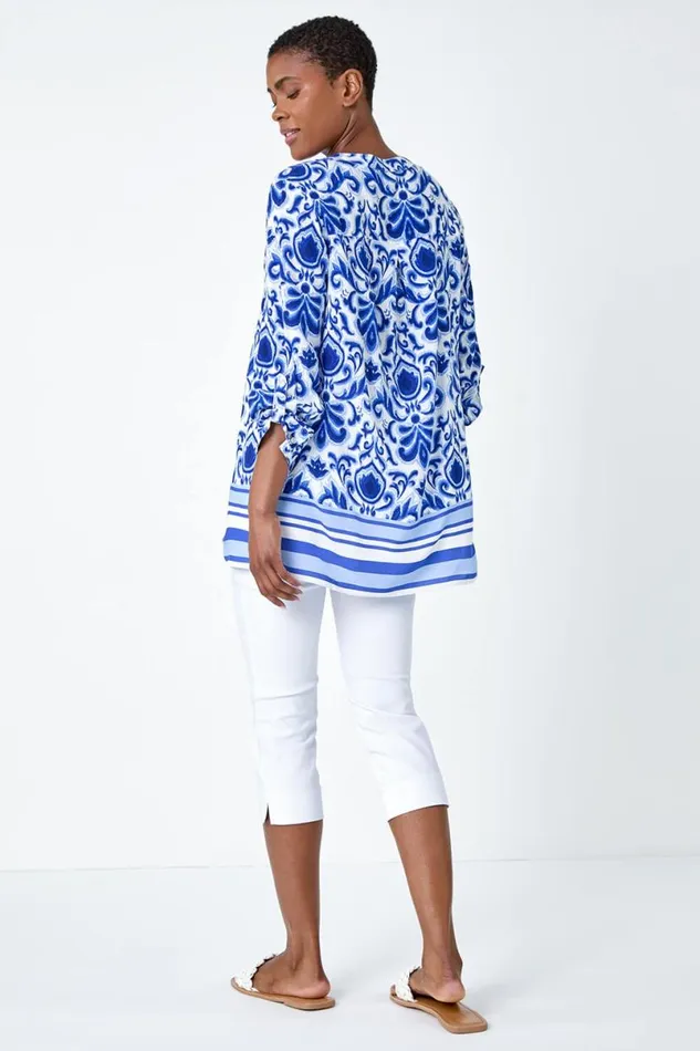 Blue Ornate Border Print Pleated VNeck Top Women Roman Tops