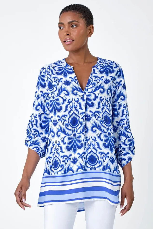 Blue Ornate Border Print Pleated VNeck Top Women Roman Tops