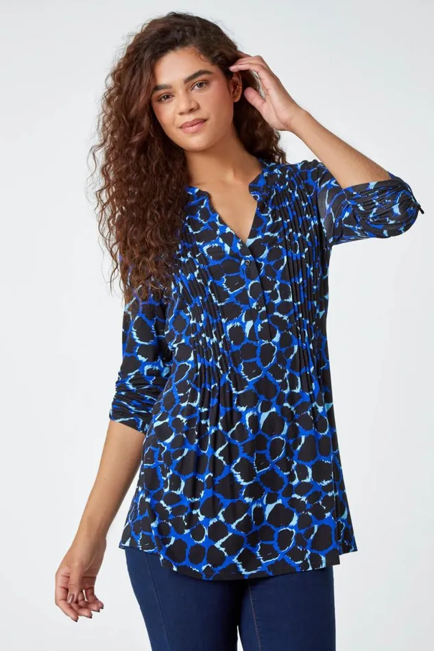Blue Pebble Print Pintuck Stretch Top Women Roman Tops