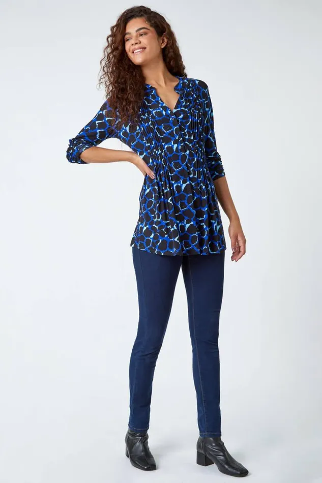 Blue Pebble Print Pintuck Stretch Top Women Roman Tops
