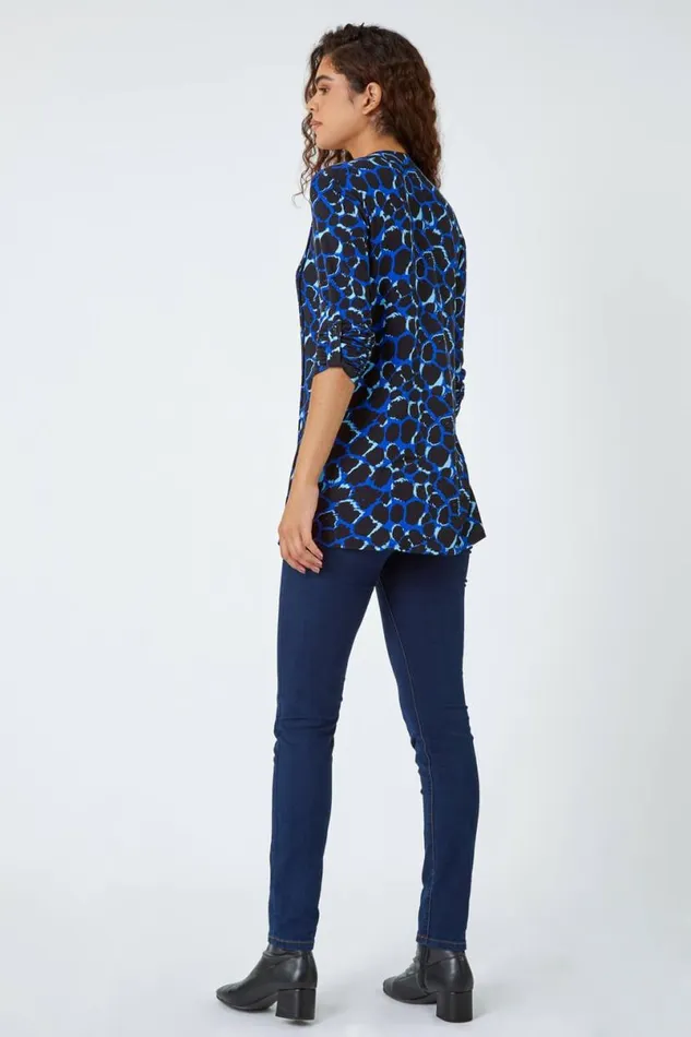 Blue Pebble Print Pintuck Stretch Top Women Roman Tops