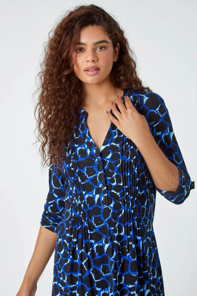 Blue Pebble Print Pintuck Stretch Top Women Roman Tops