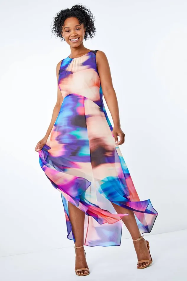 Blue Petite Abstract Print Chiffon Maxi Dress Women Roman Dresses
