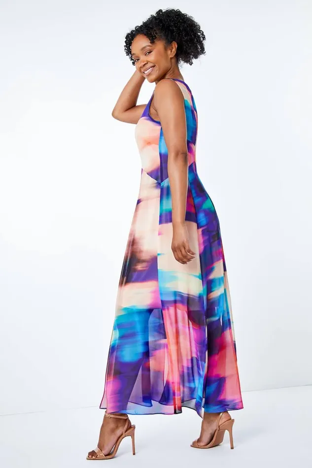 Blue Petite Abstract Print Chiffon Maxi Dress Women Roman Dresses