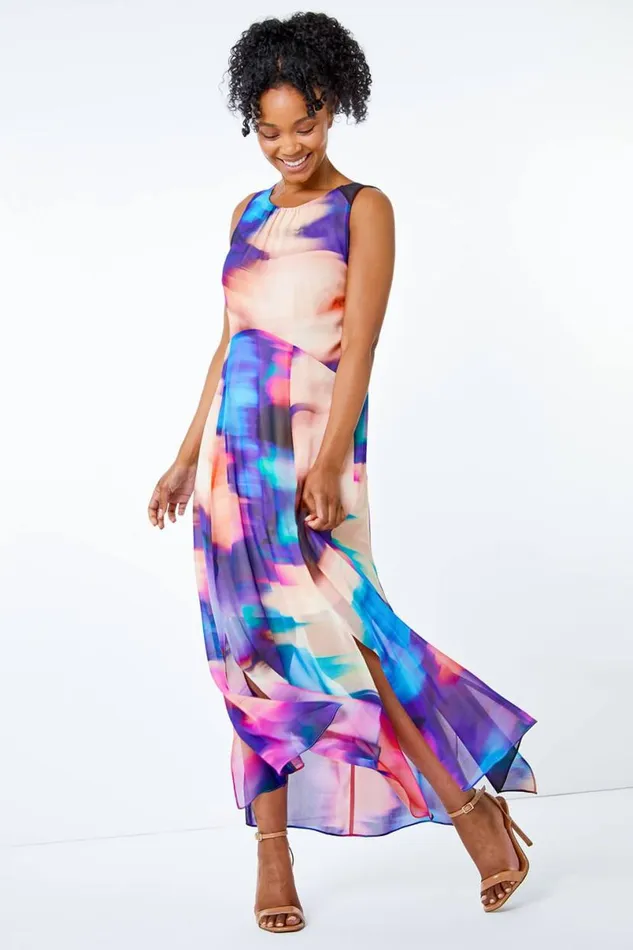 Blue Petite Abstract Print Chiffon Maxi Dress Women Roman Dresses
