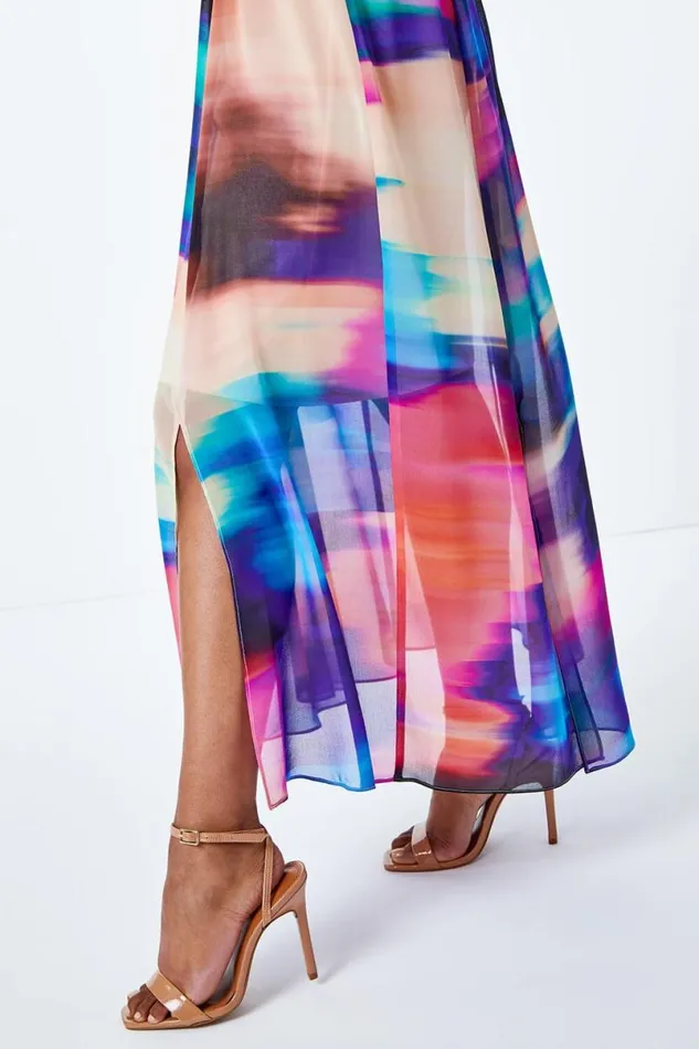 Blue Petite Abstract Print Chiffon Maxi Dress Women Roman Dresses