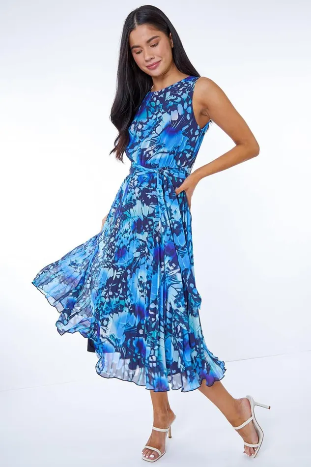 Blue Petite Abstract Print Pleated Chiffon Dress Women Roman Dresses