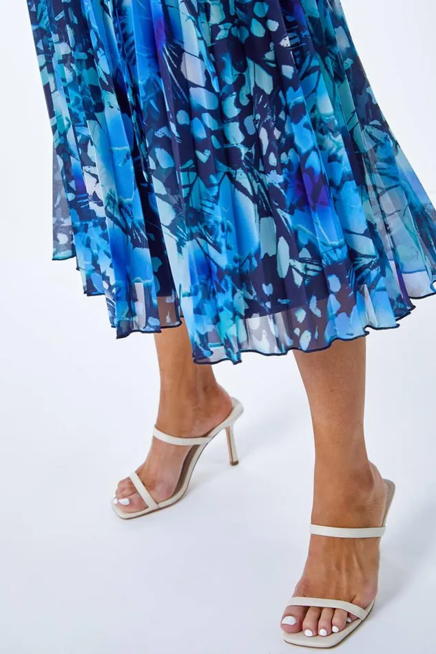 Blue Petite Abstract Print Pleated Chiffon Dress Women Roman Dresses