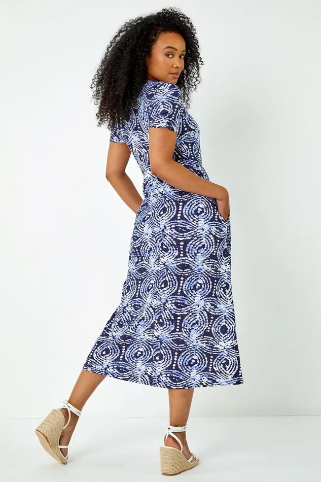 Blue Petite Aztec Print Midi Stretch Dress Women Roman Dresses