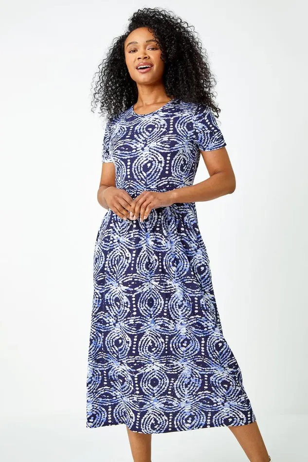 Blue Petite Aztec Print Midi Stretch Dress Women Roman Dresses