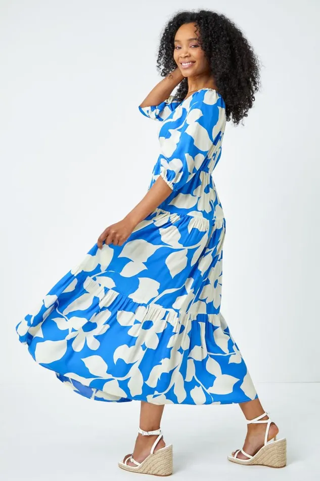 Blue Petite Floral Print Tiered Maxi Dress Women Roman Dresses