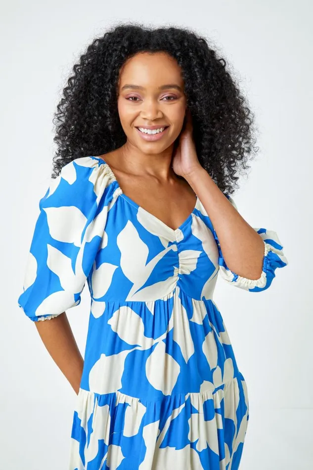 Blue Petite Floral Print Tiered Maxi Dress Women Roman Dresses