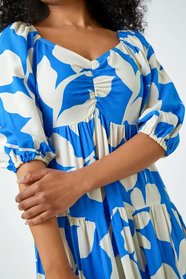 Blue Petite Floral Print Tiered Maxi Dress Women Roman Dresses