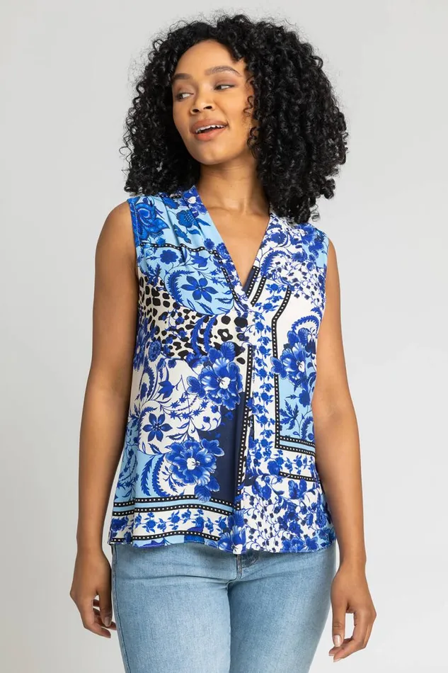 Blue Petite Geo Floral Notch Neck Top Women Roman Tops