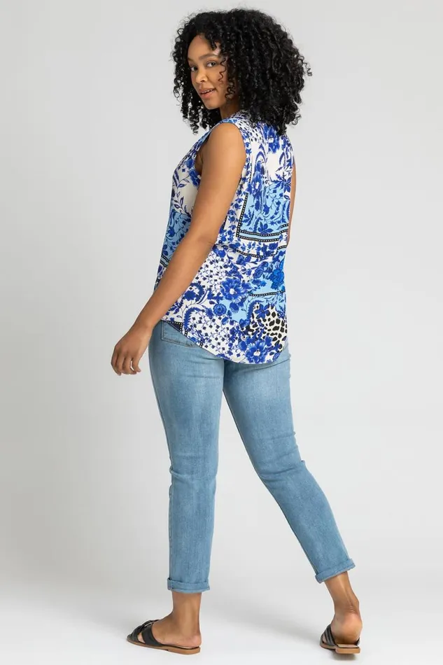 Blue Petite Geo Floral Notch Neck Top Women Roman Tops