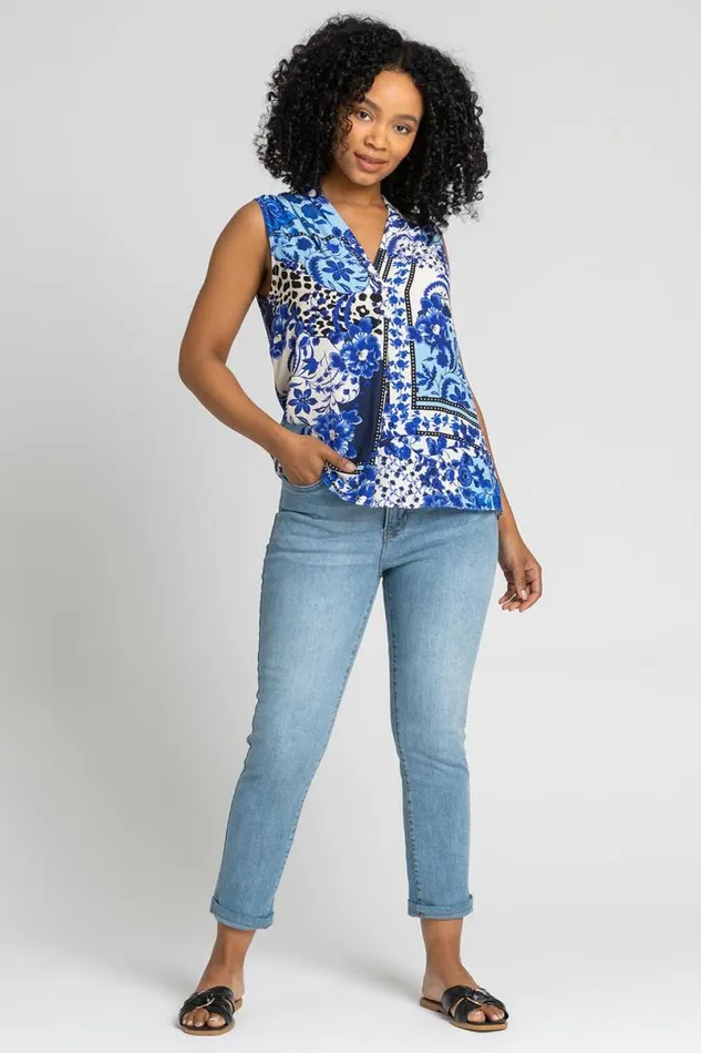 Blue Petite Geo Floral Notch Neck Top Women Roman Tops
