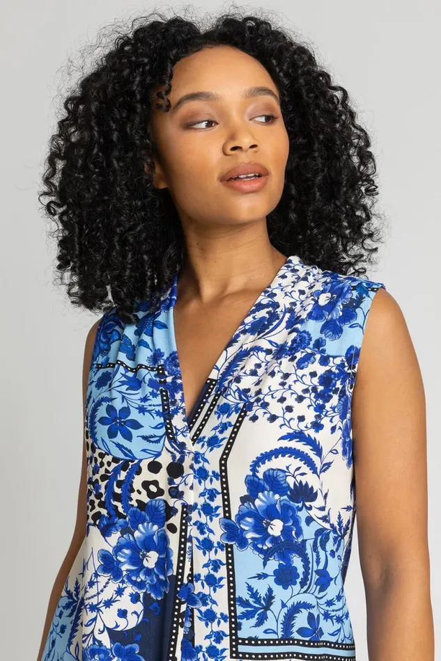 Blue Petite Geo Floral Notch Neck Top Women Roman Tops