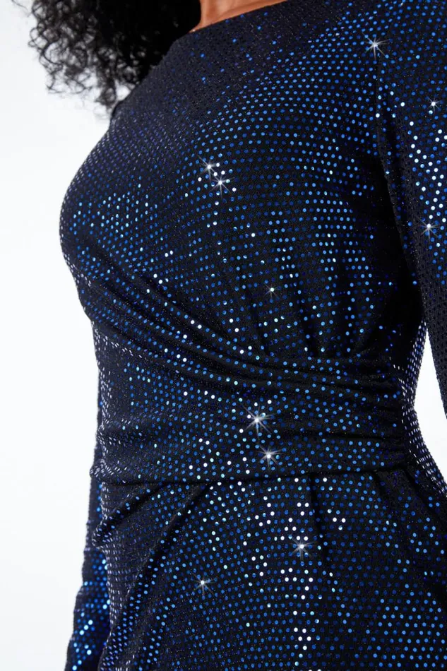 Blue Petite Ruched Glitter Dress Women Roman Dresses