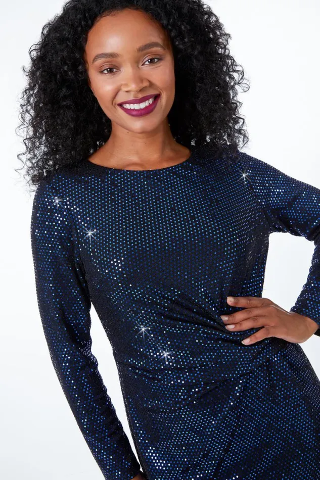 Blue Petite Ruched Glitter Dress Women Roman Dresses