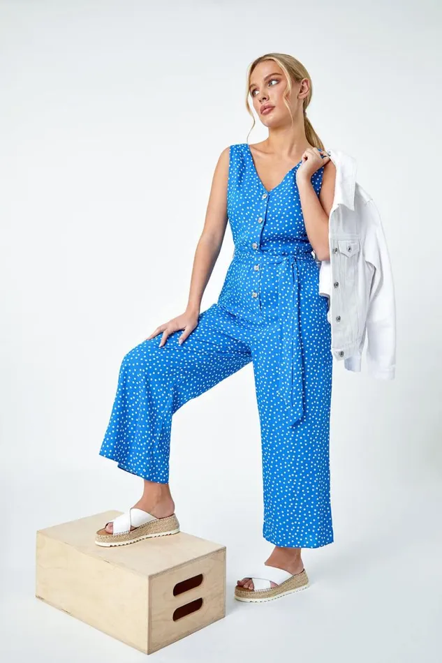 Blue Petite Sleeveless Polka Dot Jumpsuit Women Roman Dresses