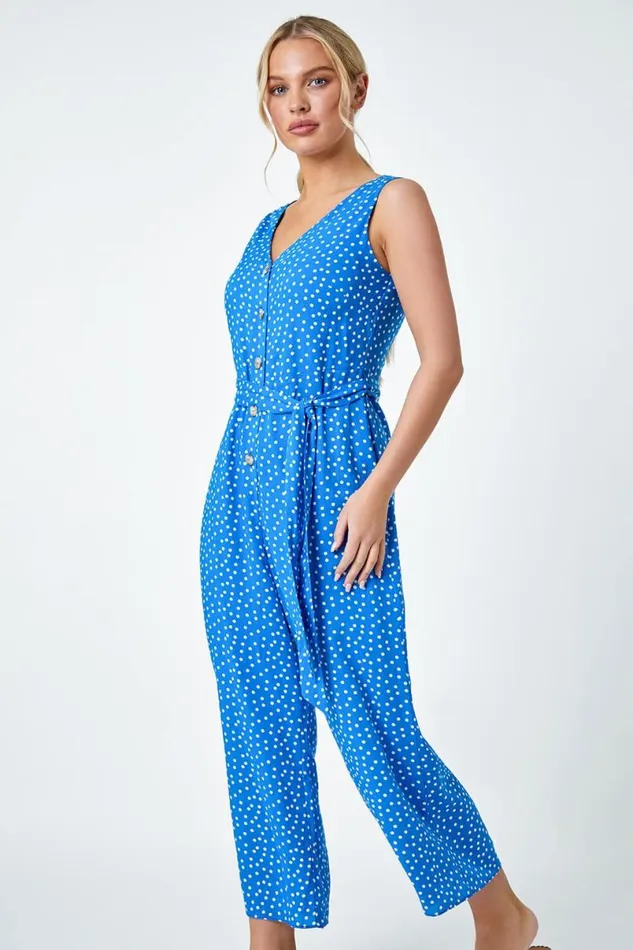 Blue Petite Sleeveless Polka Dot Jumpsuit Women Roman Dresses