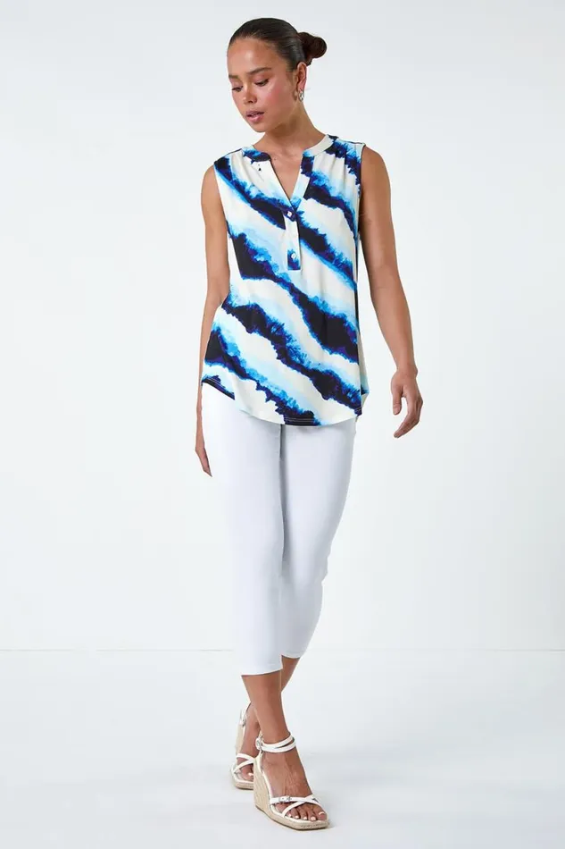 Blue Petite Tie Dye Stripe Print Stretch Top Women Roman Tops