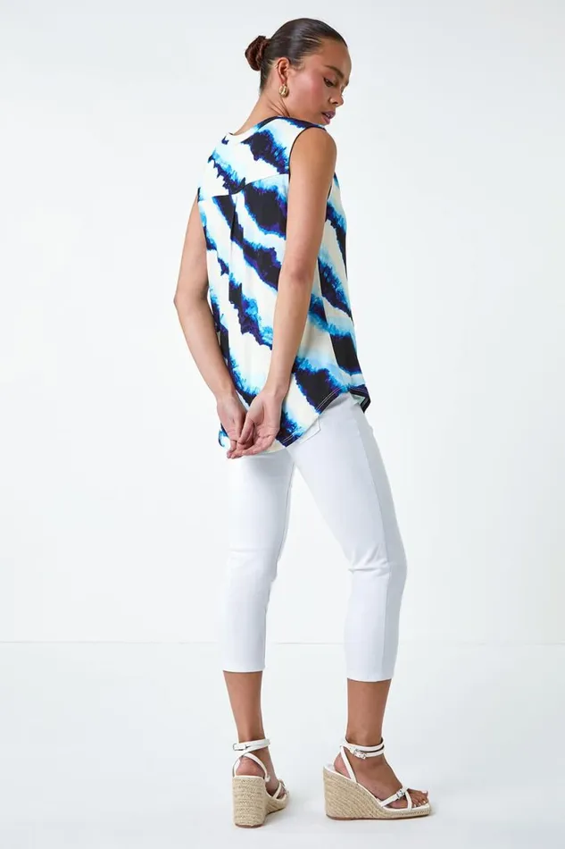 Blue Petite Tie Dye Stripe Print Stretch Top Women Roman Tops
