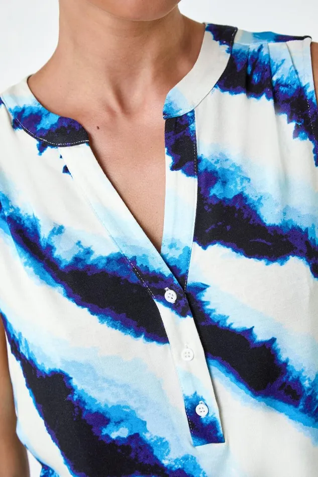 Blue Petite Tie Dye Stripe Print Stretch Top Women Roman Tops