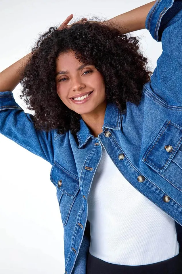 Blue Relaxed Denim Jacket Women Roman Jackets