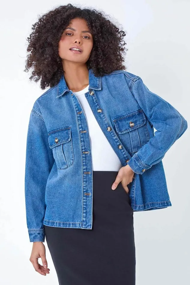 Blue Relaxed Denim Jacket Women Roman Jackets
