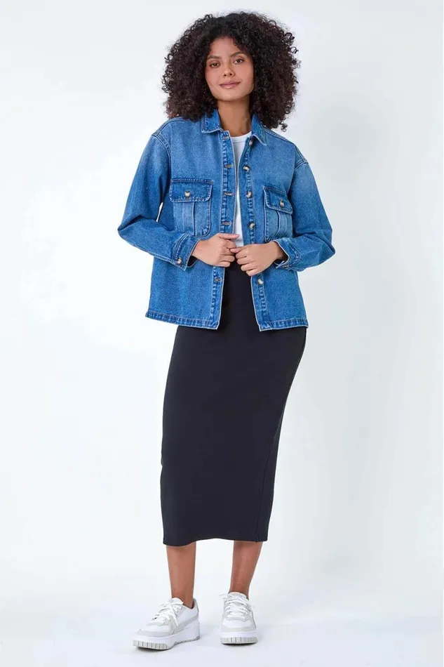 Blue Relaxed Denim Jacket Women Roman Jackets