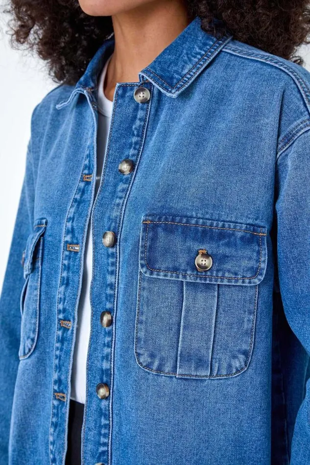 Blue Relaxed Denim Jacket Women Roman Jackets