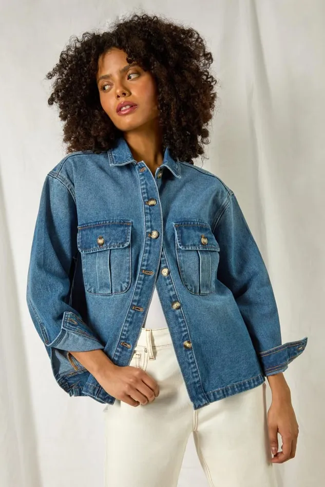 Blue Relaxed Denim Jacket Women Roman Jackets