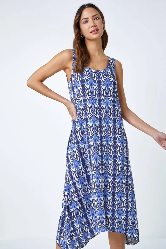 Blue Sleeveless Aztec Print Midi Stretch Dress Women Roman Dresses