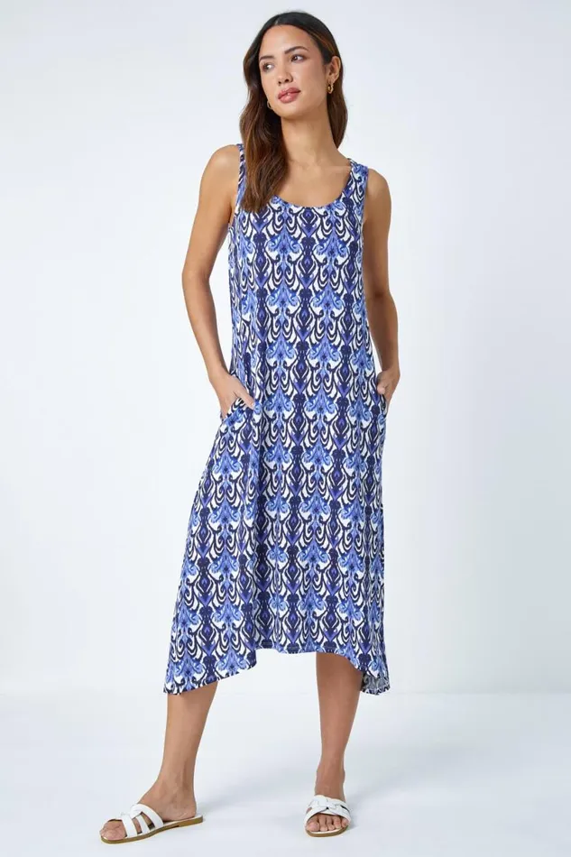 Blue Sleeveless Aztec Print Midi Stretch Dress Women Roman Dresses