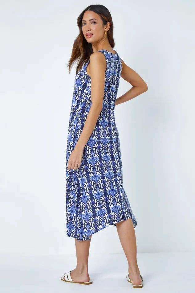 Blue Sleeveless Aztec Print Midi Stretch Dress Women Roman Dresses