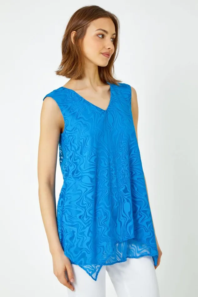 Blue Sleeveless Textured Swirl Print Top Women Roman Tops