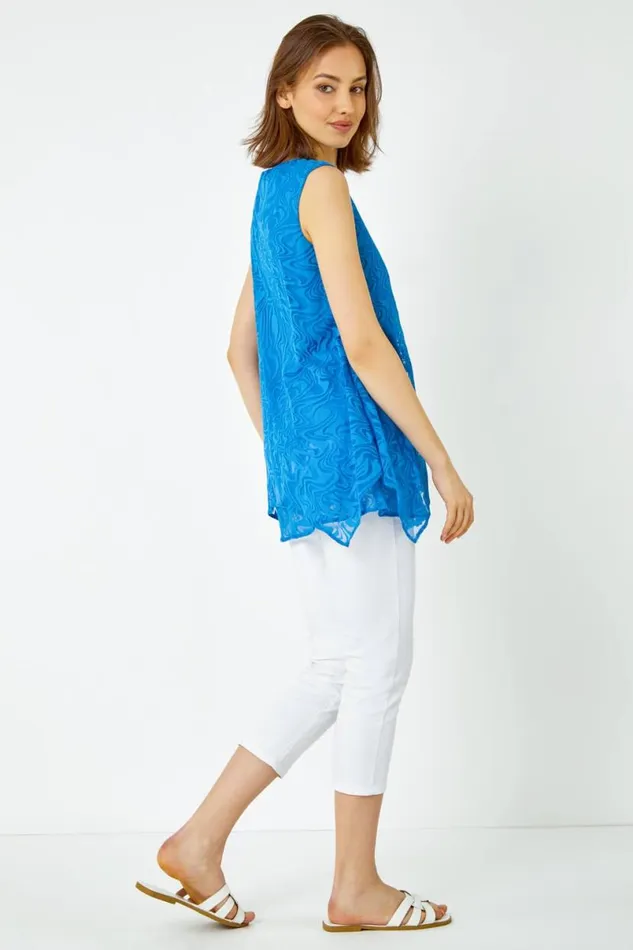 Blue Sleeveless Textured Swirl Print Top Women Roman Tops