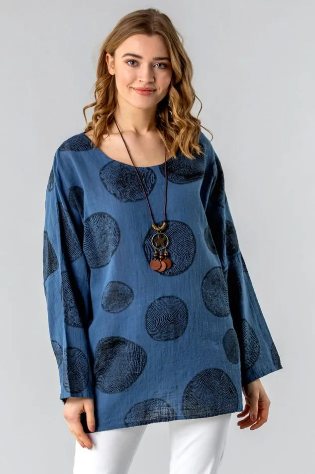 Blue Spot Print Top With Necklace Women Roman Tops