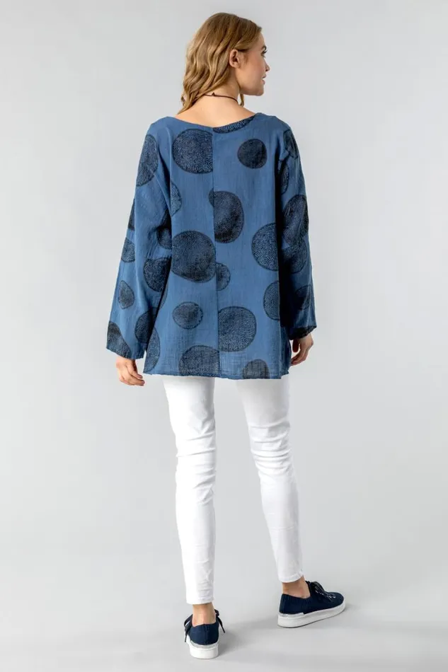 Blue Spot Print Top With Necklace Women Roman Tops