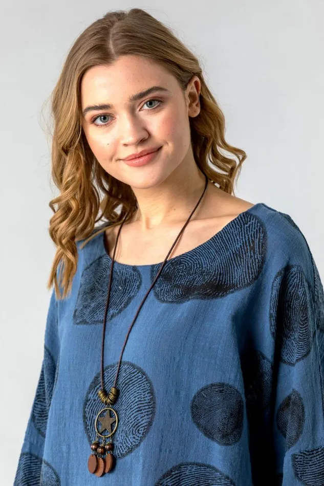 Blue Spot Print Top With Necklace Women Roman Tops